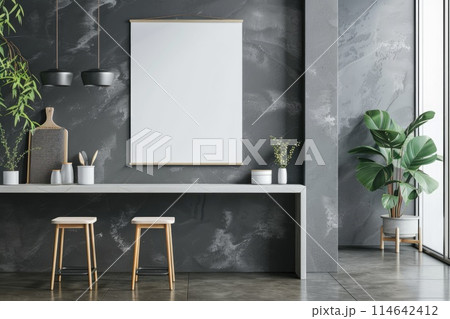 Modern Kitchen Interior with Blank Frame Mockup on Wall Modern Kitchen Interior with Blank Frame Mockup on Wall 114642412