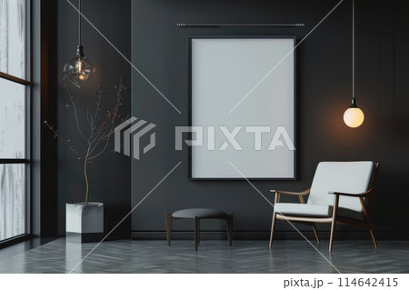 Modern Minimalistic Living Room with Blank Frame and Indoor Plant Modern Minimalistic Living Room with Blank Frame and Indoor Plant 114642415