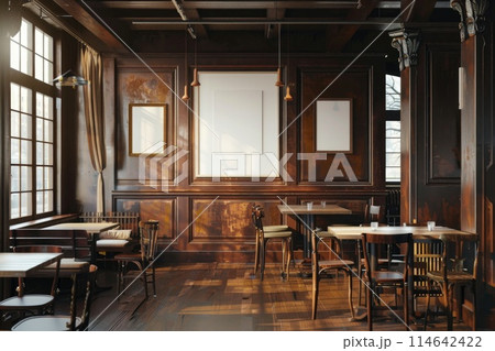 Modern Rustic Bar Interior with Blank White Projector Screen 114642422