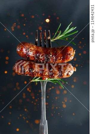Juicy Grilled Sausage on Fork with Smoke and Flaming Sparks 114642431