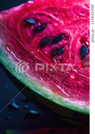 Vibrant Watermelon Slice Close-up with Glistening Juice Droplets Vibrant Watermelon Slice Close-up with Glistening Juice Droplets 114642499