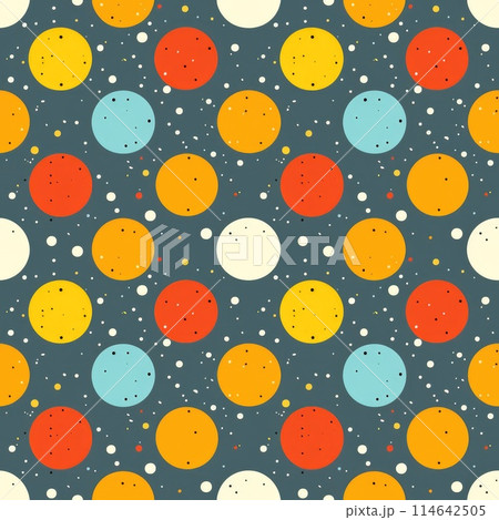 A retro-inspired design with colorful dots reminiscent of planets in space A retro-inspired design with colorful dots reminiscent of planets in space 114642505