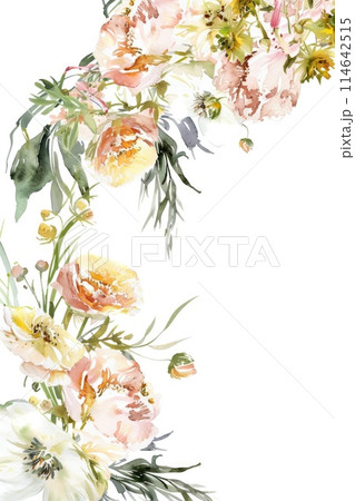 Soft watercolor blooms creating an elegant corner arrangement 114642515