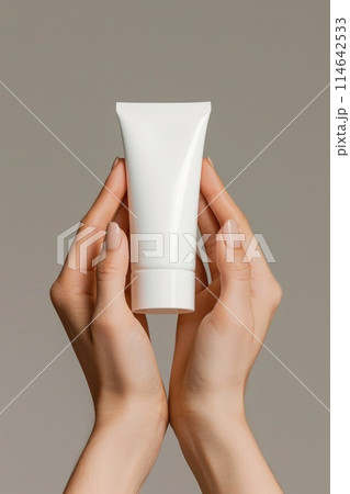 Hand-Holding Blank Skincare Tube on Minimalist Background 114642533
