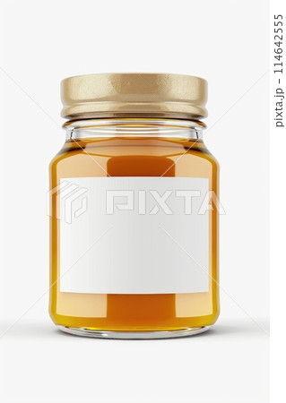 Amber Glass Jar with Blank Label on White Background for Packaging Design 114642555