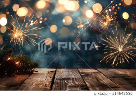 Sparklers light up the festive night, their radiant sparks casting a golden glow 114642556