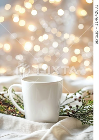 Cozy Winter Warmth: Mug, Pine Cones, and Twinkling Lights 114642631