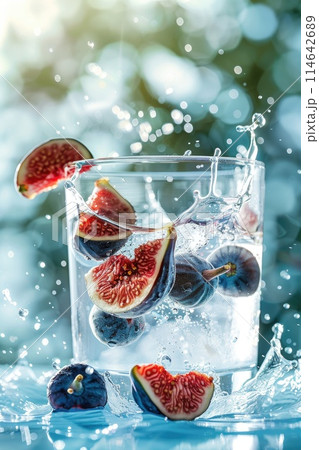 Refreshing Fig and Pomegranate Cocktail Splash on a Vibrant Background Refreshing Fig and Pomegranate Cocktail Splash on a Vibrant Background 114642689