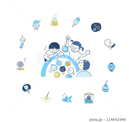 ヨーヨー釣りをする子供たちと祭りのアイコン 114642946