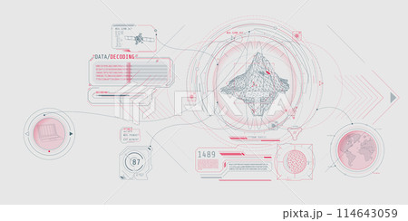 Futuristic geoscience software screen design with data decoding. 114643059