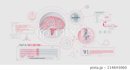 Brain research futuristic interface screen with data decoding. 114643060