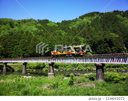 山間の鉄橋を渡る黄色いローカル列車 山間の鉄橋を渡る黄色いローカル列車 114643072