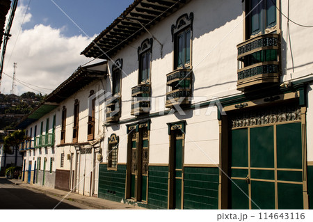 Beautiful streets at the historical downtown of the heritage town of Salamina located at the Caldas department in Colombia. 114643116