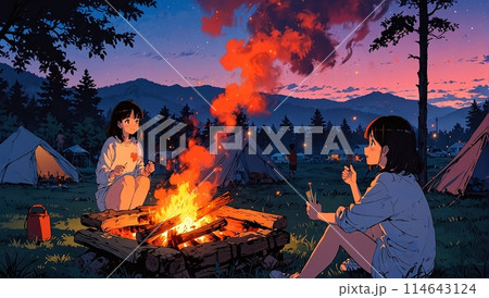キャンプ場で焚き火する女の子 アニメ画像 114643124