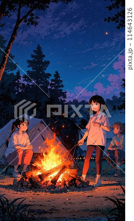 キャンプ場で焚き火する女の子 アニメ画像 114643126