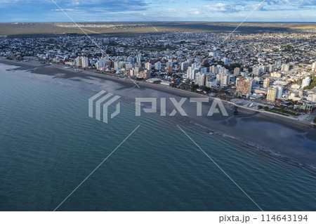 Puerto Madryn City, entrance portal to the Peninsula Valdes natural reserve, World Heritage Site, Patagonia, Argentina. 114643194