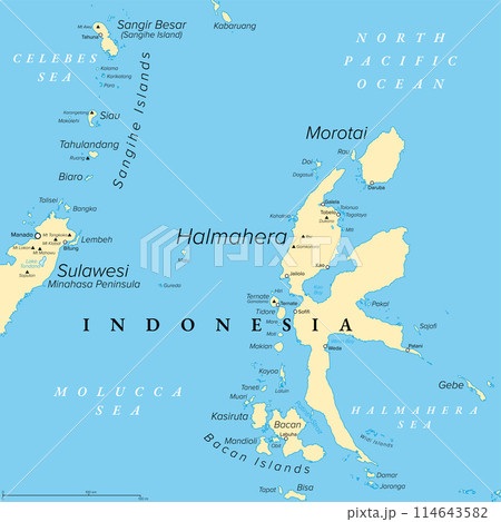 Halmahera, island in Indonesia, political map. Largest island of the Moluccas, or also Maluku Islands, and part of the North Maluku province. With Morotai, Bacan Islands and a part of North Sulawesi. 114643582