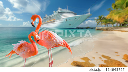 Beautiful Tropical Flamingo on the Sandy Shore with Docked Cruise Ship in the Background. Beautiful Tropical Flamingo on the Sandy Shore with Docked Cruise Ship in the Background. 114643725