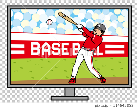 An illustration of a baseball player hitting a home run on a television screen An illustration of a baseball player hitting a home run on a television screen 114643852