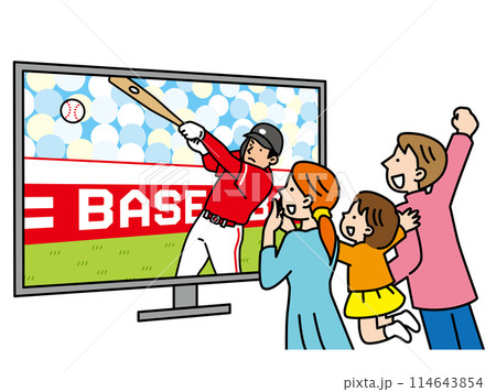 テレビに映る野球の試合を家族で応援するイラスト 114643854