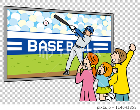 Illustration of a family cheering on a baseball game on a big screen TV Illustration of a family cheering on a baseball game on a big screen TV 114643855