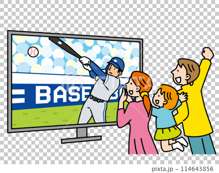 一家人在電視上為棒球比賽歡呼的插圖 114643856