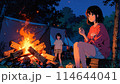 キャンプ場で焚き火をする女の子 114644041