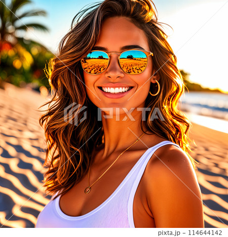Woman with sunglasses on beach. 114644142