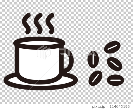 コーヒーとコーヒー豆のモノクロアイコンイラスト 114645196
