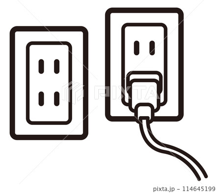 コンセント差込口とコードのモノクロアイコンイラスト 114645199