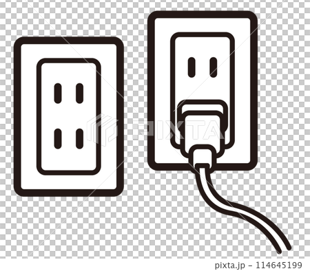 コンセント差込口とコードのモノクロアイコンイラスト 114645199