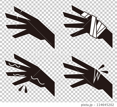 Monochrome icon illustration set of chapped, bleeding, bandaged hands, etc. 114645202
