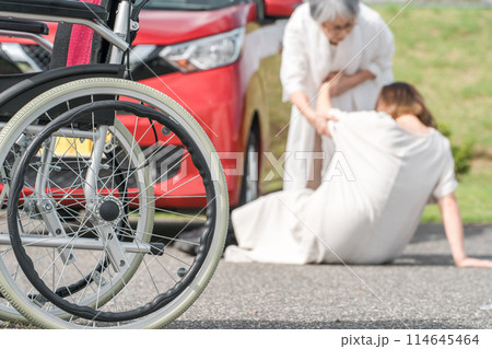 交通事故を起こした高齢者と被害者の女性(高齢ドライバー） 114645464
