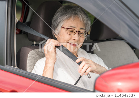 自動車の運転席に乗りシートベルトを締めるアジア人の高齢者ドライバー 114645537