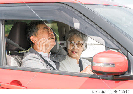交通事故で鞭打ちの怪我をするドライバーの高齢者夫婦(シニア・男女) 交通事故で鞭打ちの怪我をするドライバーの高齢者夫婦(シニア・男女) 114645546