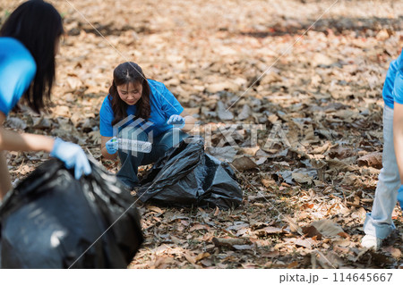 Young volunteer with garbage bag cleaning area in forest, People and ecology. Volunteer concept Young volunteer with garbage bag cleaning area in forest, People and ecology. Volunteer concept 114645667