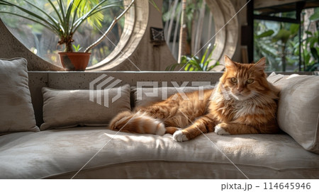 Cat inside a round modern family room. Generative AI 114645946