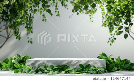 Stone pedestal or platform with tropical plants and grey cement wall background Stone pedestal or platform with tropical plants and grey cement wall background 114647144