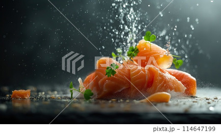 Fresh salmon fillet with drops of water on a black background 114647199