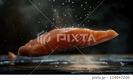 Fresh salmon fillet with drops of water on a black background 114647200