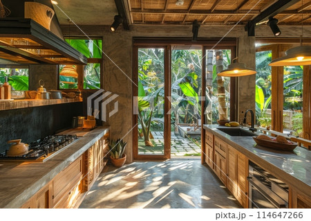 Kitchen room with primitive interior design and see view garden. Generative AI 114647266