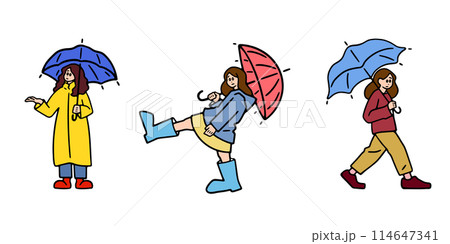 雨の日に傘をさす女性のカラーイラストセット 114647341