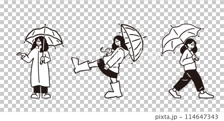 Monochrome illustration set of a woman holding an umbrella on a rainy day 114647343