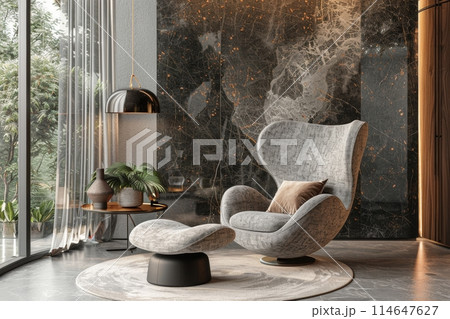 Bright minimalist interior featuring a comfortable armchair, indoor plants, and natural light filtering through large windows. Generative AI 114647627