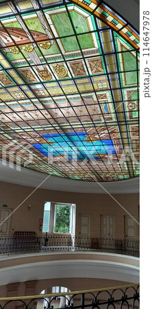 Colorful stained glass ceiling in Terma public 114647978