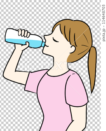 Woman drinking water, plastic bottle, short sleeves, illustration 114648703