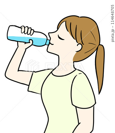 水を飲む女性 ペットボトル 半袖 イラスト 水を飲む女性 ペットボトル 半袖 イラスト 114648705