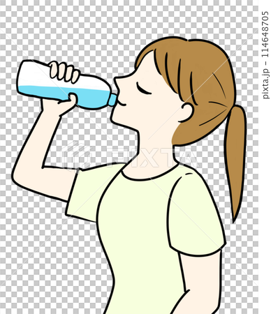 Woman drinking water, plastic bottle, short sleeves, illustration 114648705