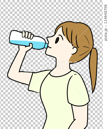 Woman drinking water, plastic bottle, short sleeves, illustration 114648706