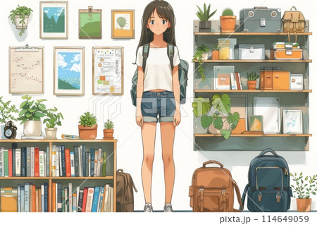 バックパックと本棚を持つかわいい女の子	 114649059